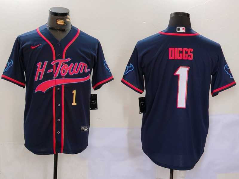 Men%27s Houston Texans #1 Stefon Diggs Navy With Patch Cool Base Stitched Baseball Jerseys